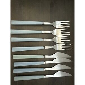 Vintage Blue Handle Silver Tone SIGNED Stainless Taiwan Fork Knife